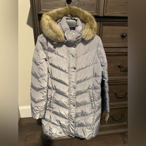 NWT Women Michael Kors Faux Fur Trim Hood, A-Line Puffer Jacket in Nickel Size M